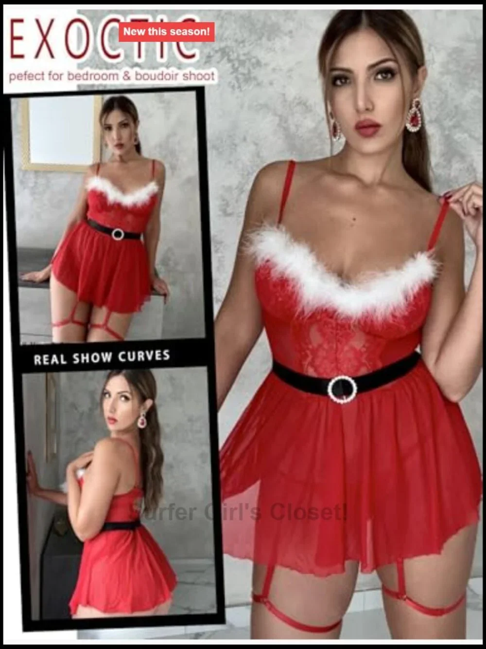 Lace Babydoll Chemise V Neck Garter Belt Christmas Lingerie Sleepwear